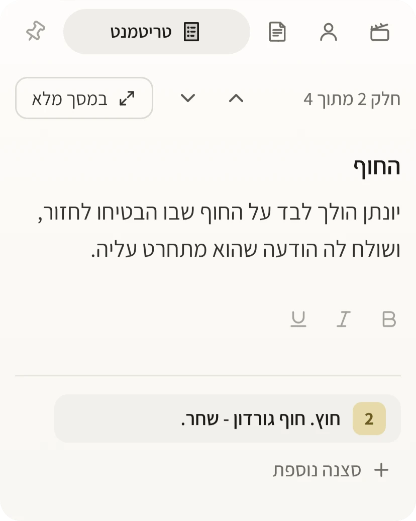כרטיס הטריטמנט: חלק 2 מתוך 4, ״החוף״, השורות שלו, והסצנה שנכתבה ממנו.